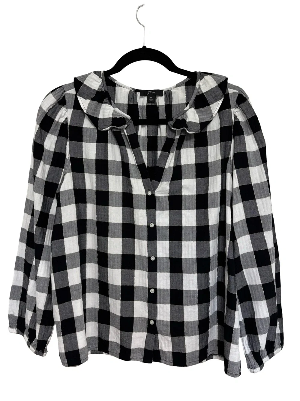 J. Crew Open V Neck Ruffle Blouse in Black and White Plaid - Size M